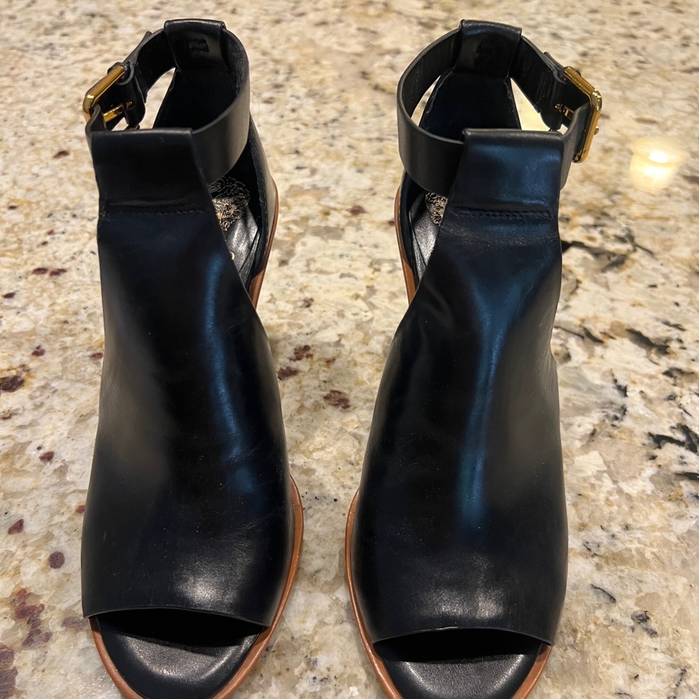 Vince Camuto Black Leather Peep-Toe Heels